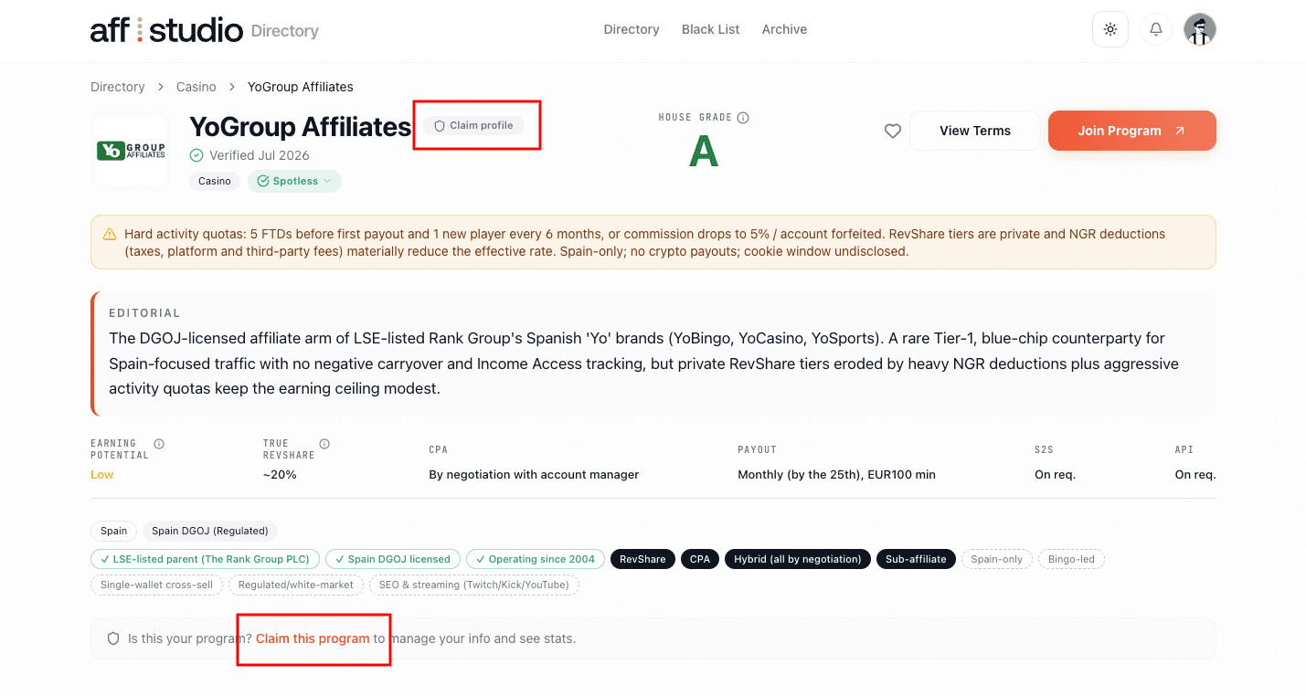 A program page with the “Claim this program” link highlighted in the claim banner