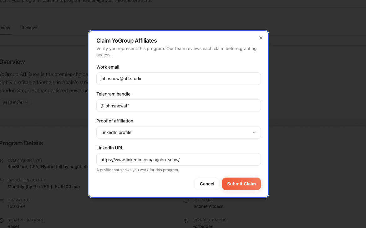 The claim dialog with work email, Telegram handle, and LinkedIn proof fields