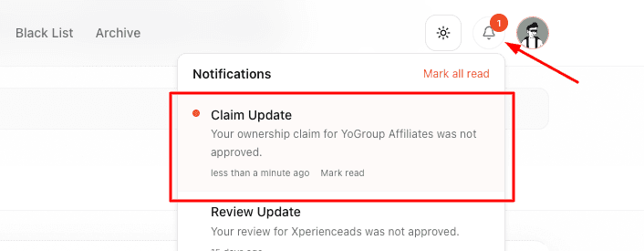 A notification showing the status of an ownership claim