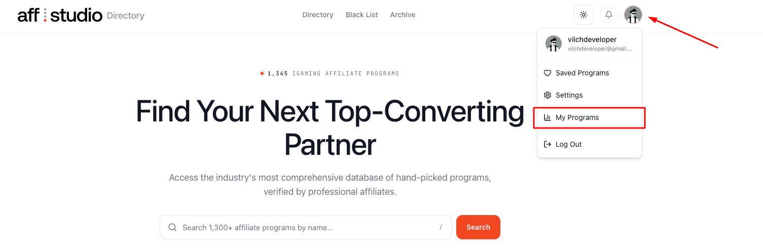 The account menu open with the “My Programs” item highlighted