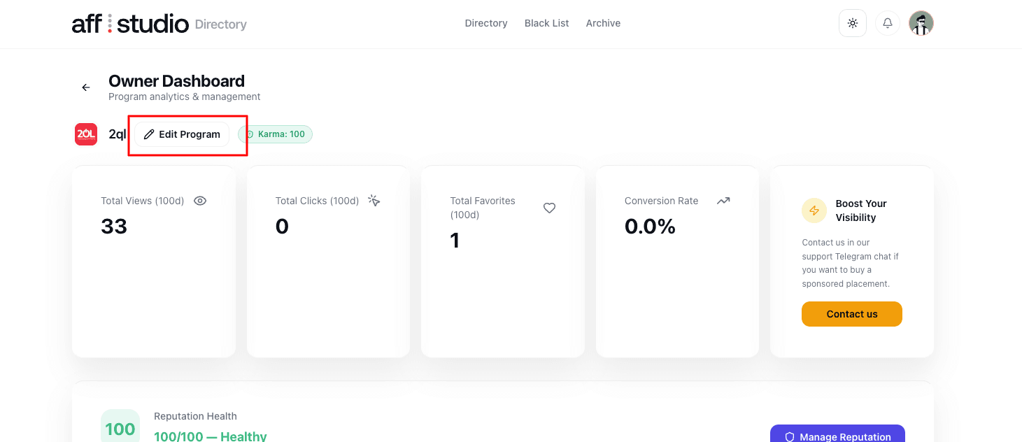 The Owner Dashboard with the “Edit Program” button highlighted
