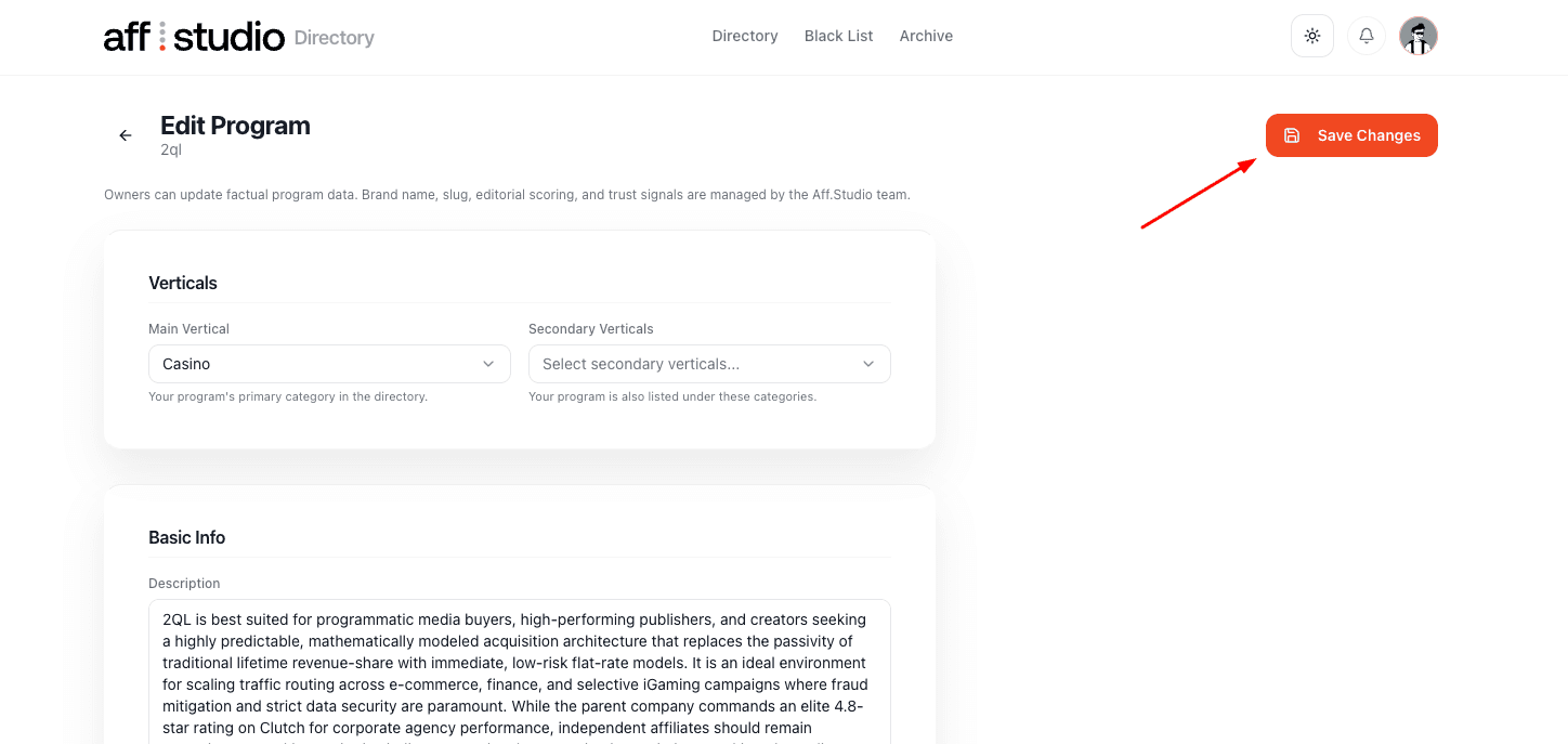 The Edit Program form with the “Save Changes” button highlighted