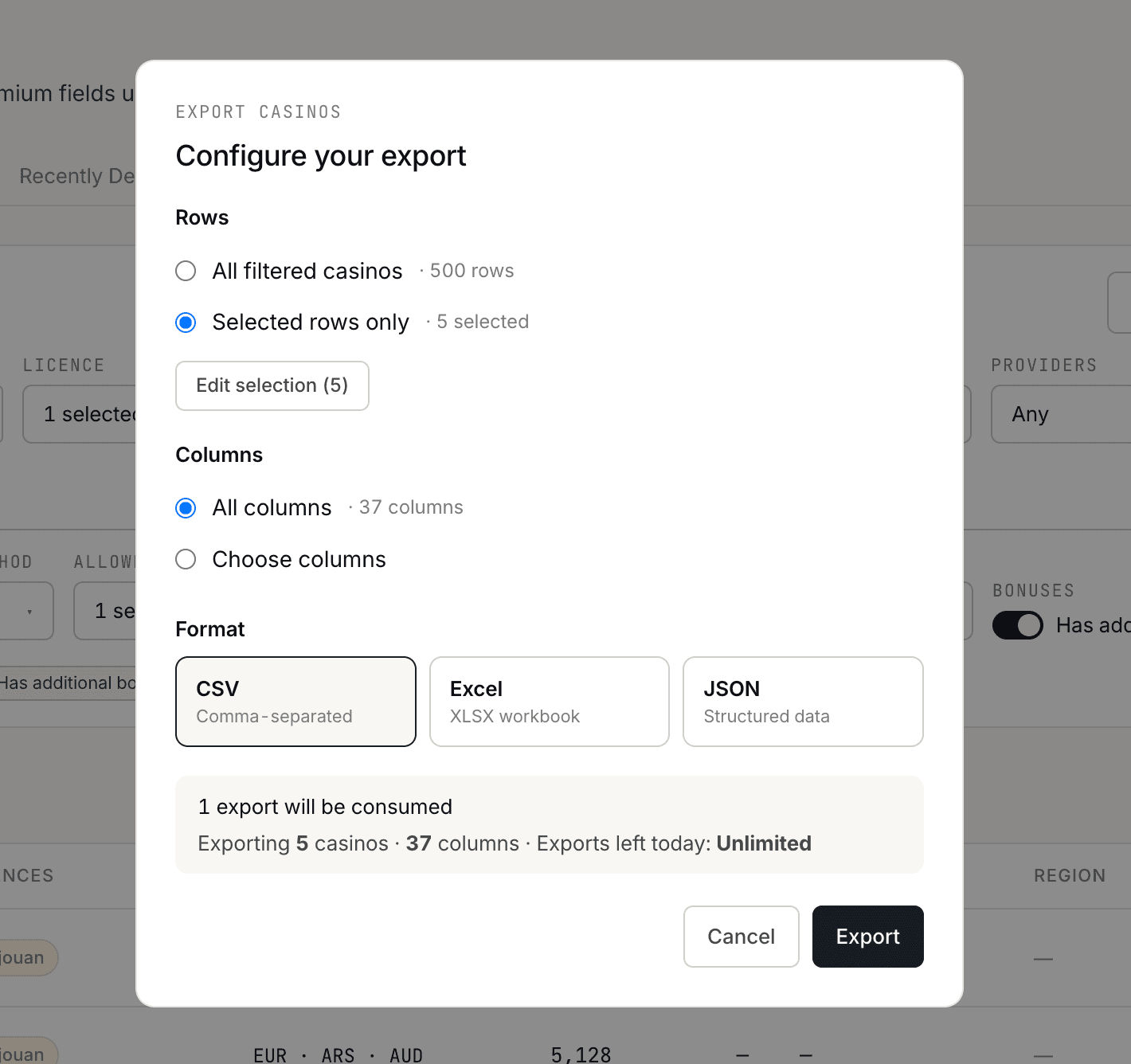 CSV export