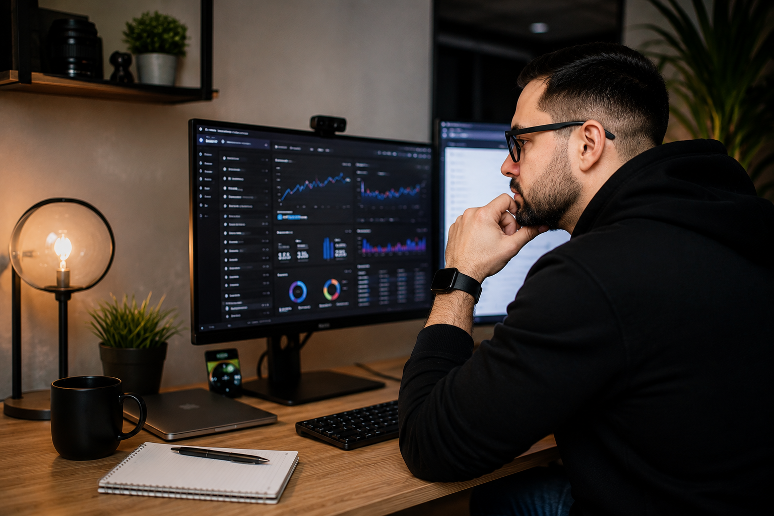 An affiliate reviewing performance dashboards at their desk