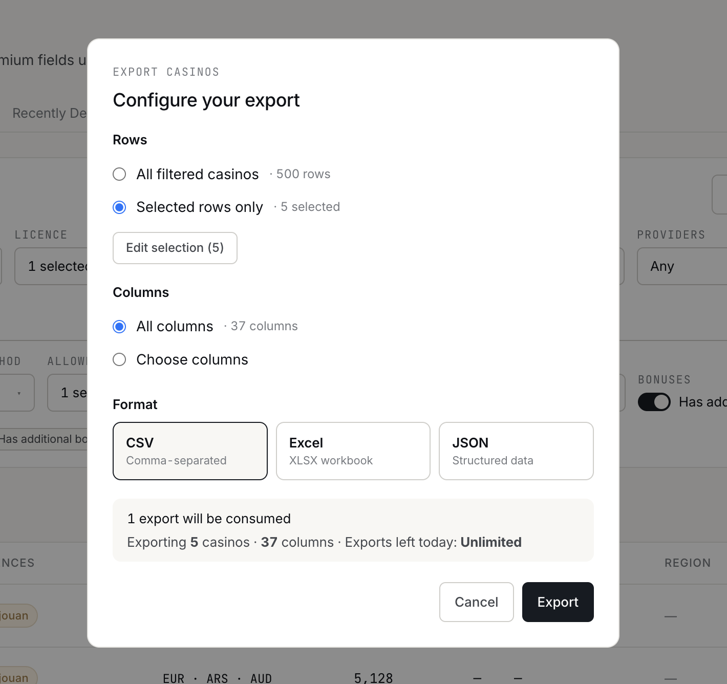 CSV export